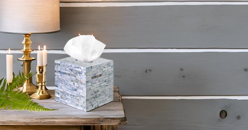 PEMAR Handcrafted Wooden Tissue Box Cover for Small Cube Tissue Boxes Only (Max Inner Size 4.7”) – Mother of Pearl Inlay Decorative Tissue Holder for Bathroom, Living Room & Office (Blue) - Image 5